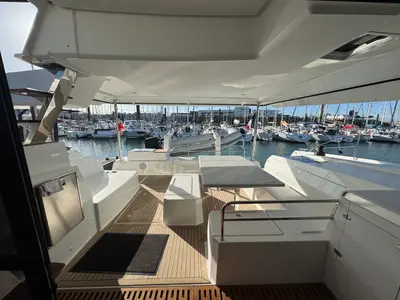 Deck of Maeva, a Fountaine Pajot Aura 51 catamaran at La Rochelle, France