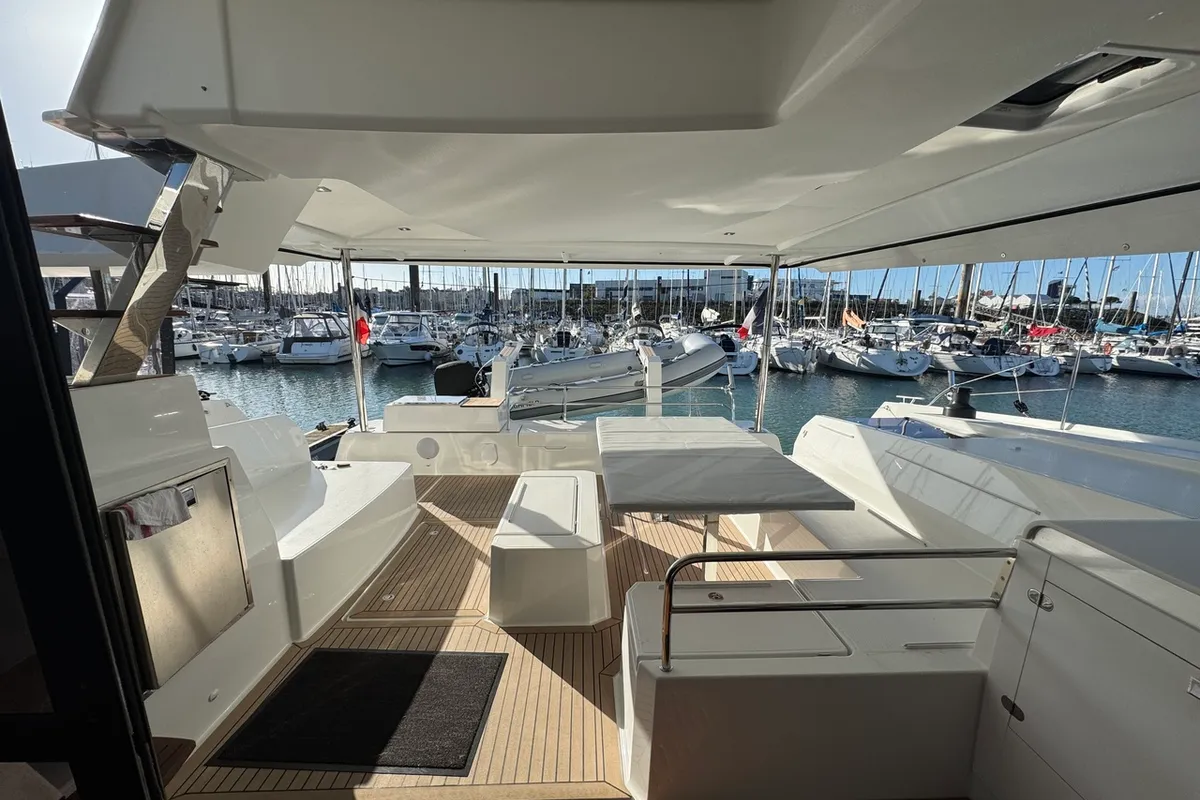 Deck of Maeva, a Fountaine Pajot Aura 51 catamaran at La Rochelle, France