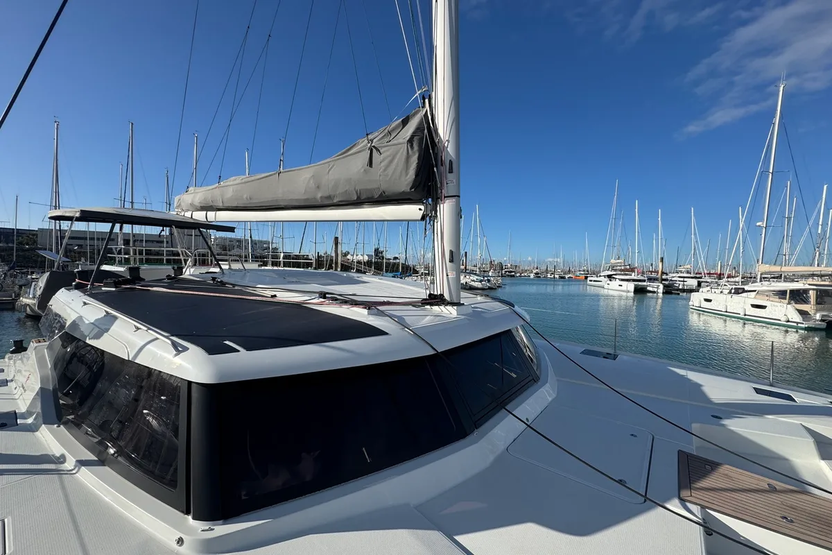 Deck of Maeva, a Fountaine Pajot Aura 51 catamaran at La Rochelle, France