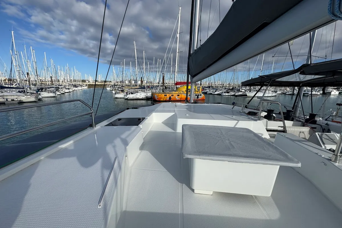Deck of Maeva, a Fountaine Pajot Aura 51 catamaran at La Rochelle, France