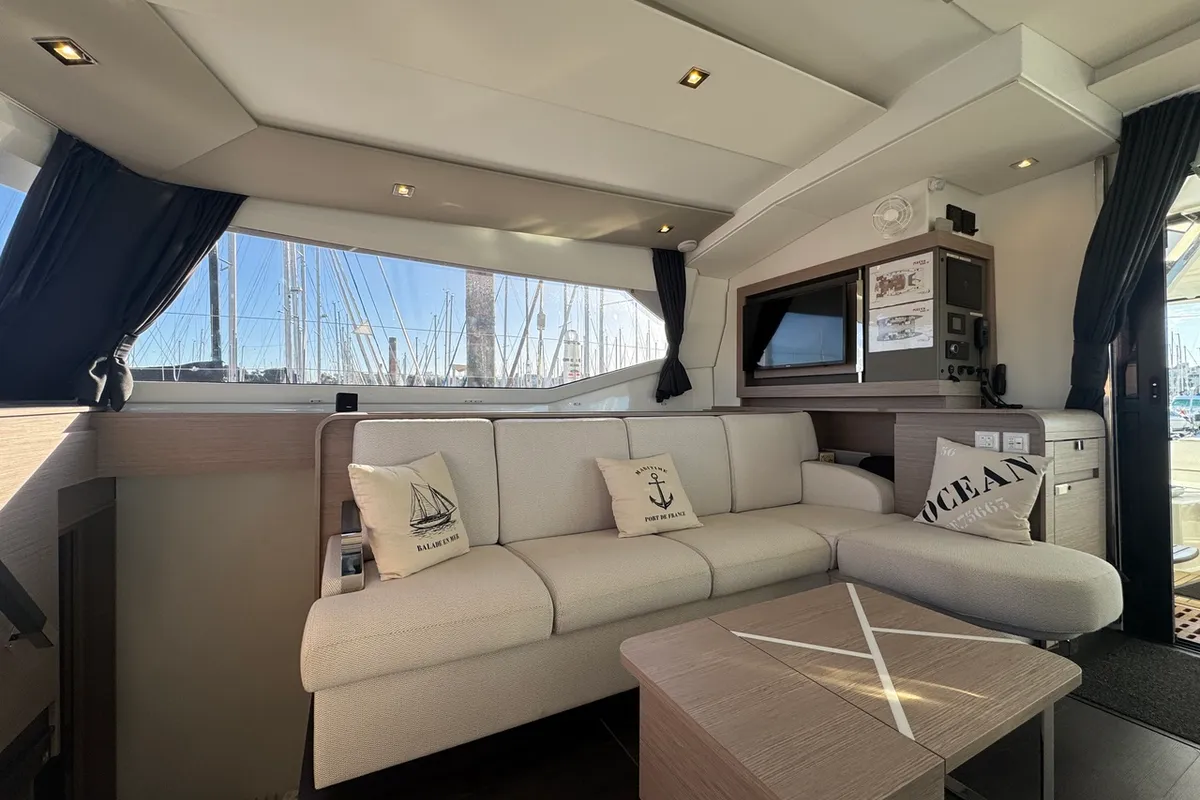 Salon of Maeva, a Fountaine Pajot Aura 51 catamaran at La Rochelle, France