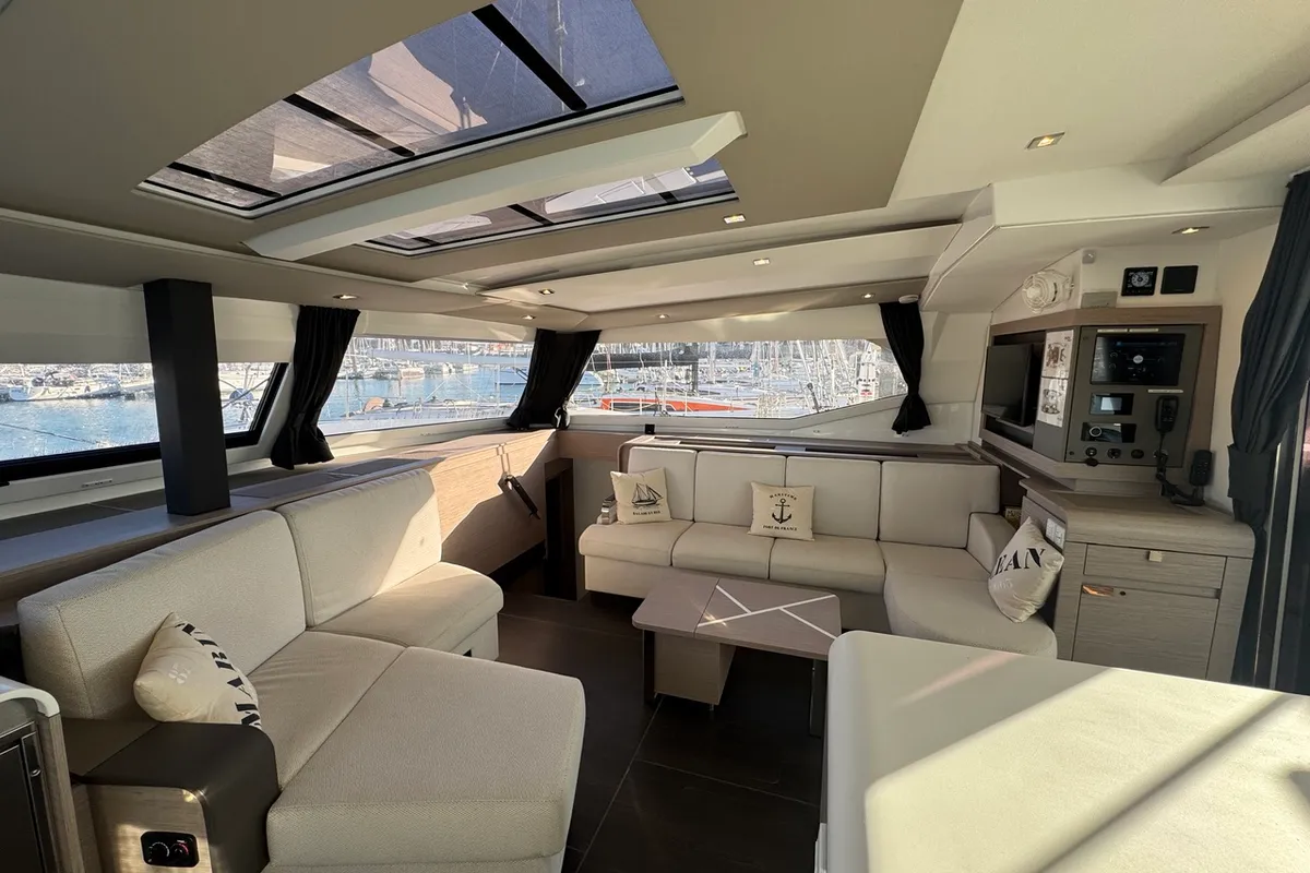 Salon of Maeva, a Fountaine Pajot Aura 51 catamaran at La Rochelle, France