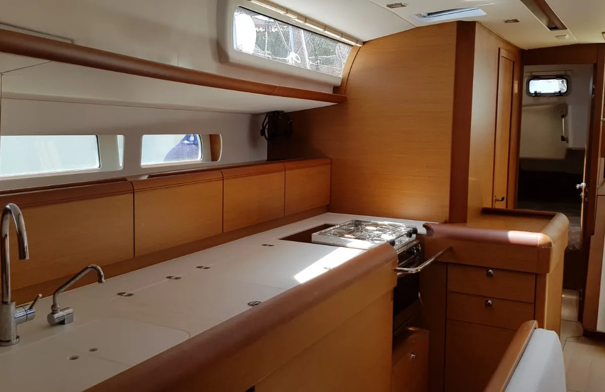 Galley of Pata, a Jeanneau Sun Odyssey 519 sailboat at Cannigione, Italy