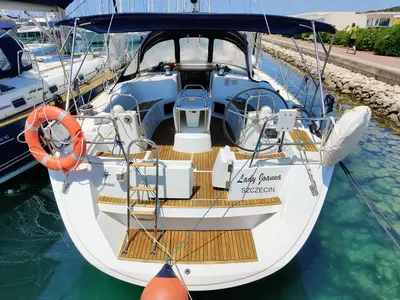 Cockpit of Lady Joanna, a Jeanneau Sun Odyssey 49i sailboat at Općina Sukošan, Croatia