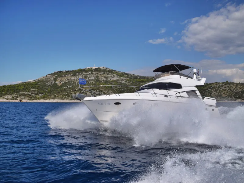 Exterior view of New Style , a Johnson 56 motorboat at Primošten, Croatia