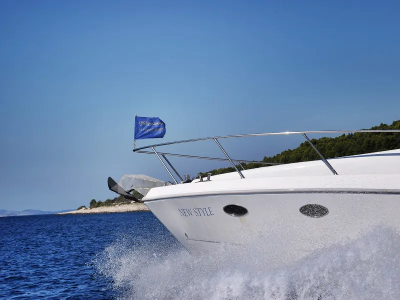 Exterior view of New Style , a Johnson 56 motorboat at Primošten, Croatia