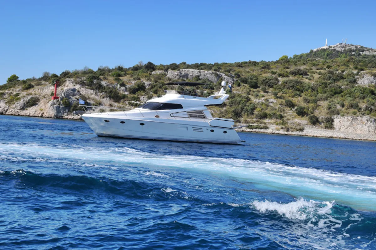 Exterior view of New Style , a Johnson 56 motorboat at Primošten, Croatia