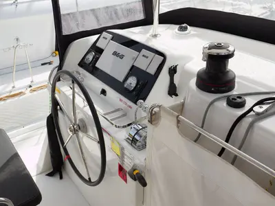 Cockpit of GALAPAGOS, a Lagoon 42 catamaran at Rogač, Croatia