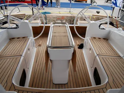 Cockpit of Betelgeuse, a Elan Impression 45 sailboat at Athens, Greece