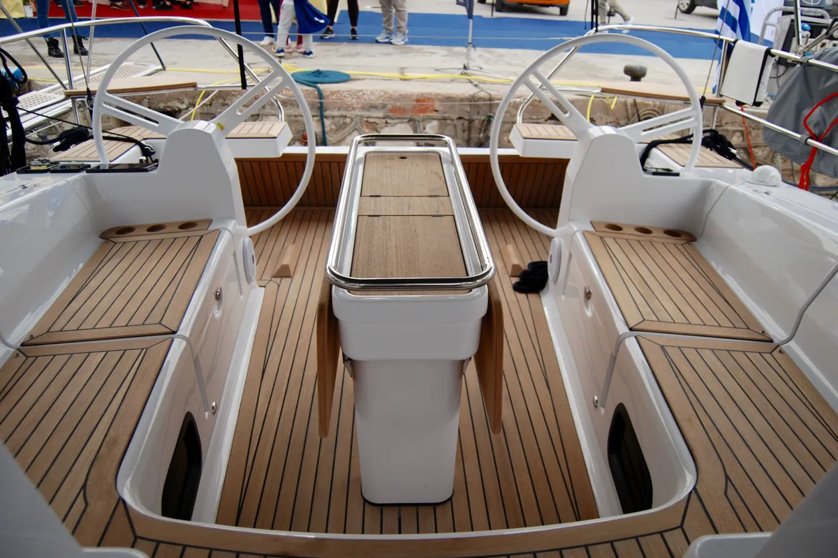 Cockpit of Betelgeuse, a Elan Impression 45 sailboat at Athens, Greece