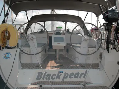 Cockpit of Black Pearl, a Bavaria Cruiser 37 sailboat at Llucmajor, Spain