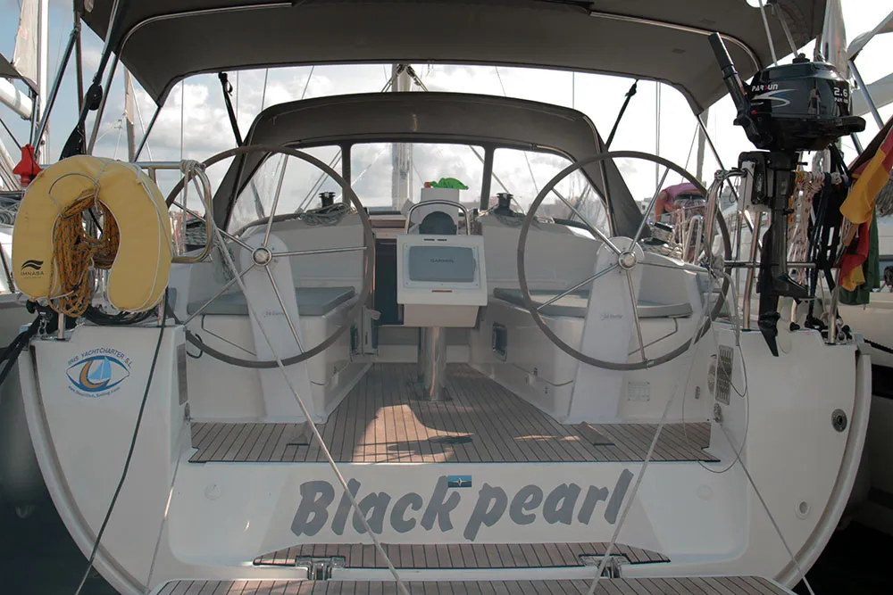 Cockpit of Black Pearl, a Bavaria Cruiser 37 sailboat at Llucmajor, Spain
