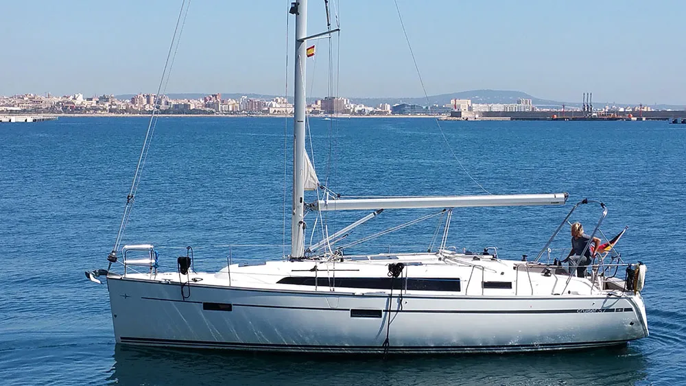 Exterior view of Black Pearl, a Bavaria Cruiser 37 sailboat at Llucmajor, Spain