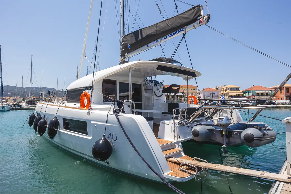 Exterior view of Deva, a Lagoon 40 catamaran at Municipal Unit of Lefkada, Greece