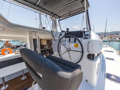 Cockpit of Deva, a Lagoon 40 catamaran at Municipal Unit of Lefkada, Greece