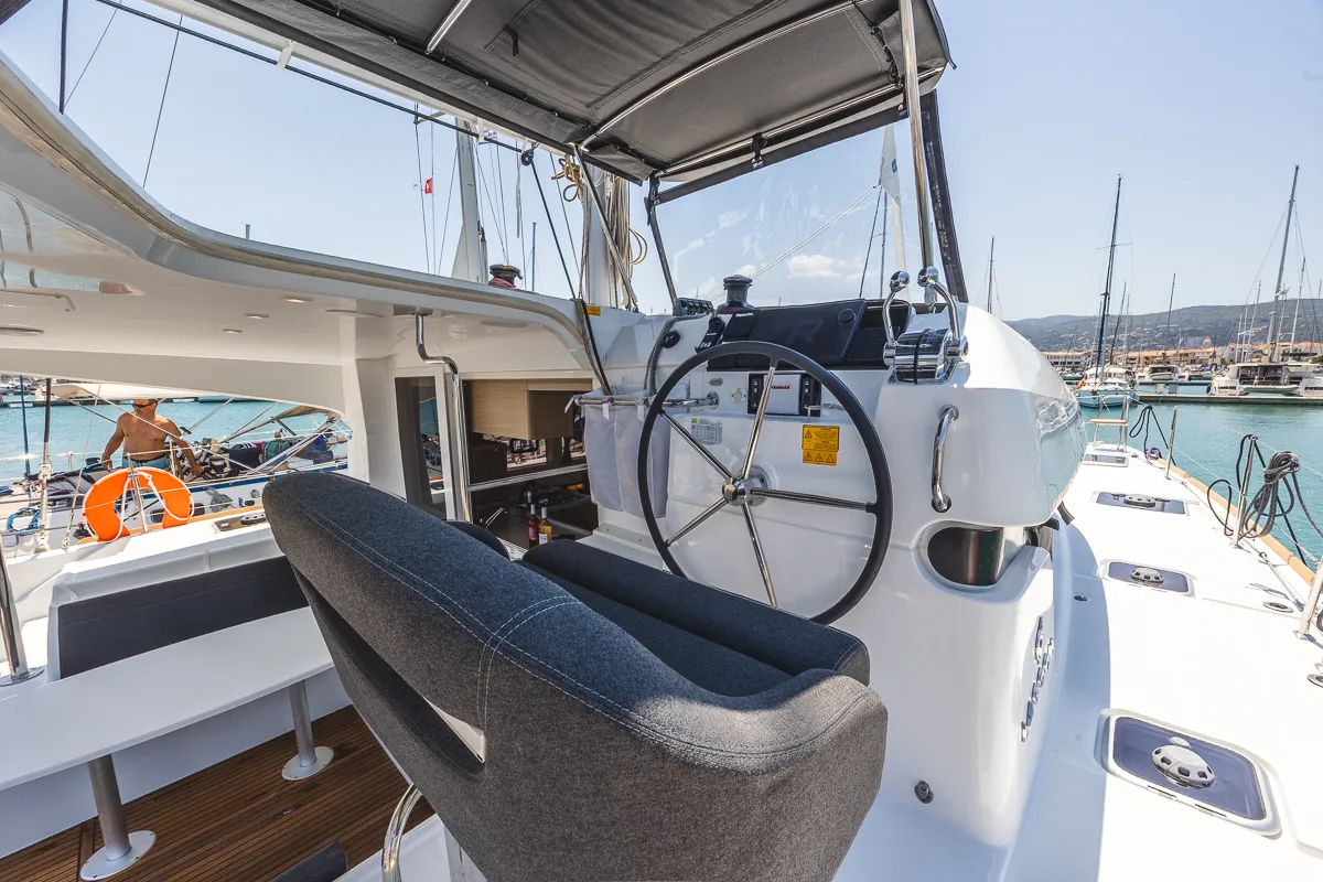 Cockpit of Deva, a Lagoon 40 catamaran at Municipal Unit of Lefkada, Greece