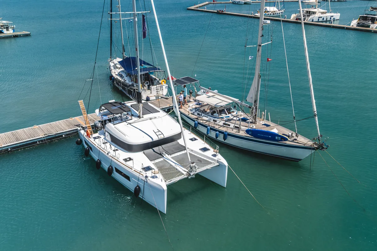 Exterior view of Deva, a Lagoon 40 catamaran at Municipal Unit of Lefkada, Greece