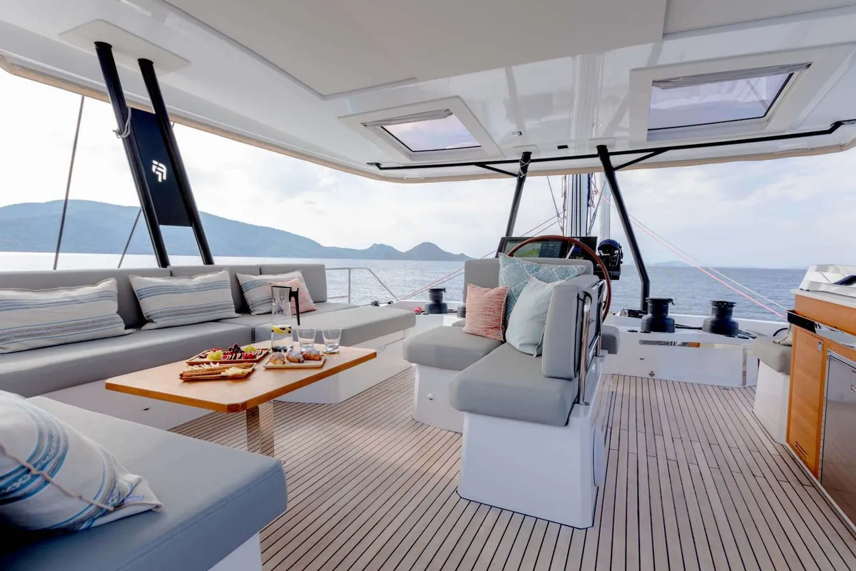 Namaste, a Fountaine Pajot Samana 59 catamaran at Piraeus, Greece