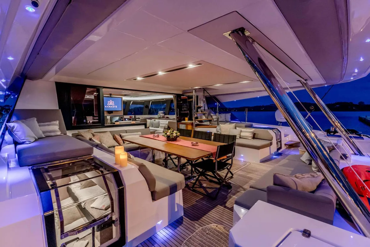 Namaste, a Fountaine Pajot Samana 59 catamaran at Piraeus, Greece