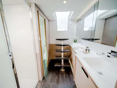 Namaste, a Fountaine Pajot Samana 59 catamaran at Piraeus, Greece