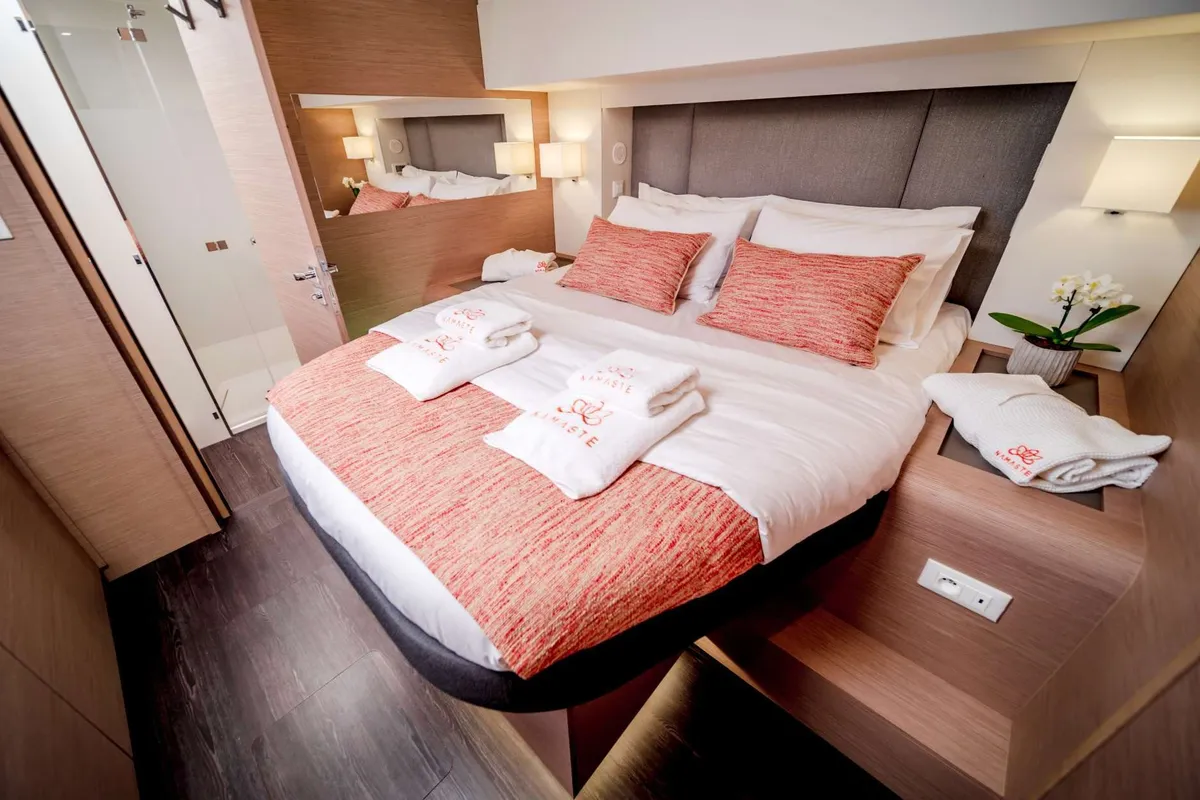 Namaste, a Fountaine Pajot Samana 59 catamaran at Piraeus, Greece