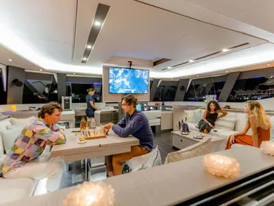 Namaste, a Fountaine Pajot Samana 59 catamaran at Piraeus, Greece