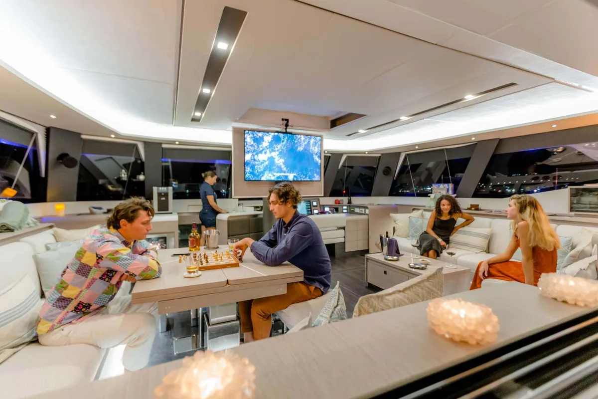 Namaste, a Fountaine Pajot Samana 59 catamaran at Piraeus, Greece
