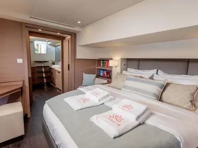 Namaste, a Fountaine Pajot Samana 59 catamaran at Piraeus, Greece