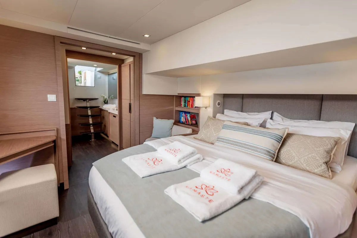 Namaste, a Fountaine Pajot Samana 59 catamaran at Piraeus, Greece