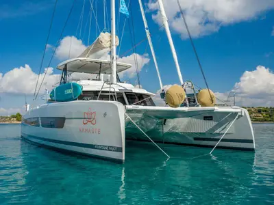 Deck of Namaste, a Fountaine Pajot Samana 59 catamaran at Piraeus, Greece