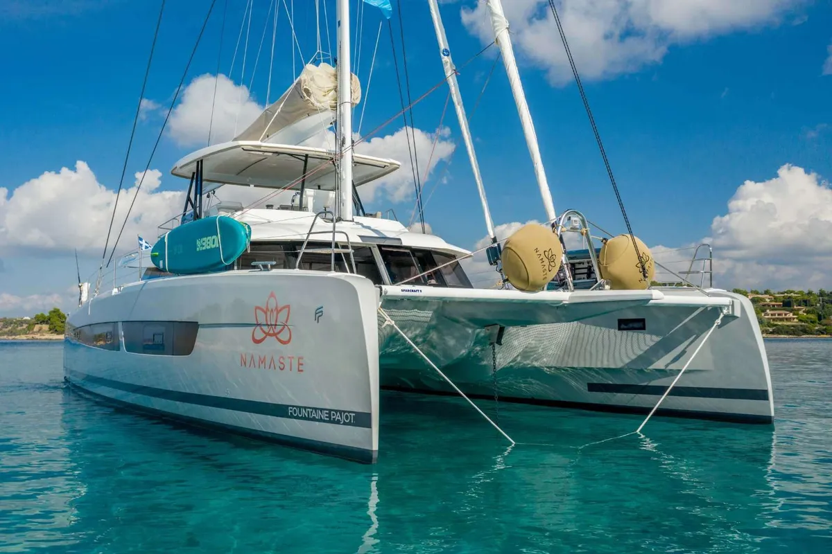 Namaste, a Fountaine Pajot Samana 59 catamaran at Piraeus, Greece