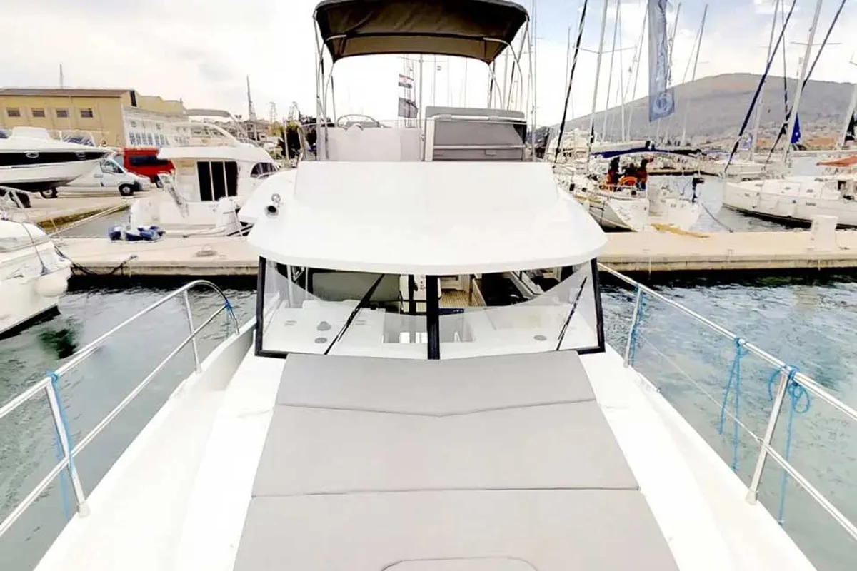 Deck of Odysseus, a Beneteau Swift Trawler 30 motorboat at Grad Trogir, Croatia