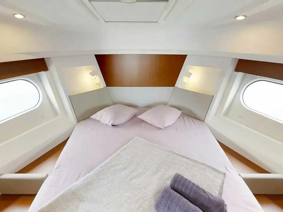 Cabin on Odysseus, a Beneteau Swift Trawler 30 motorboat at Grad Trogir, Croatia