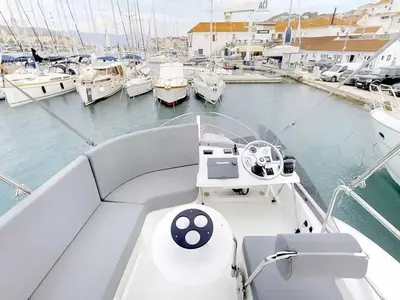 Cockpit of Odysseus, a Beneteau Swift Trawler 30 motorboat at Grad Trogir, Croatia