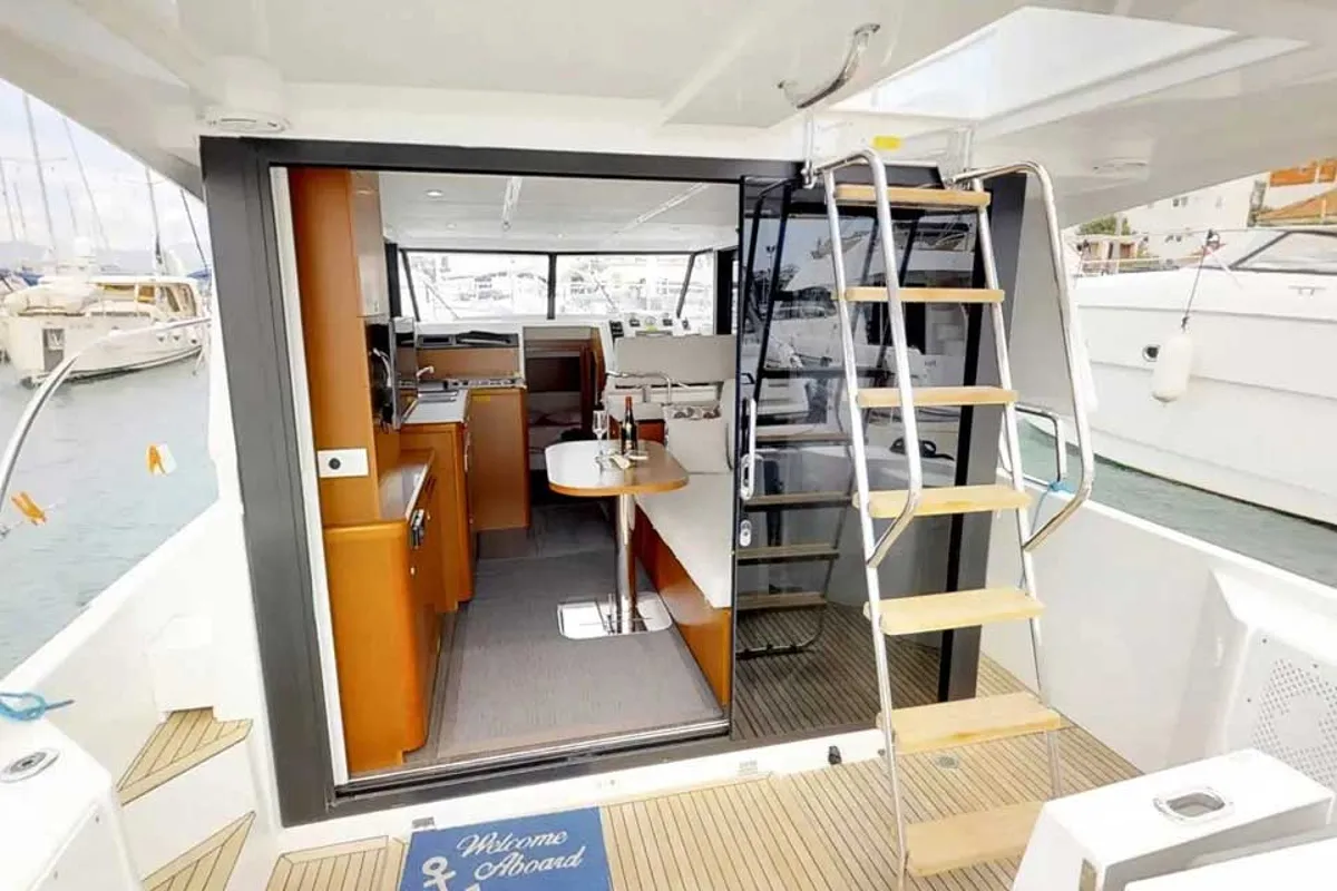Deck of Odysseus, a Beneteau Swift Trawler 30 motorboat at Grad Trogir, Croatia