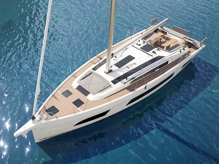 Exterior view of Nova, a Dufour 48 sailboat at Mytikas, Greece