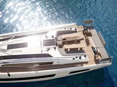 Deck of Nova, a Dufour 48 sailboat at Mytikas, Greece