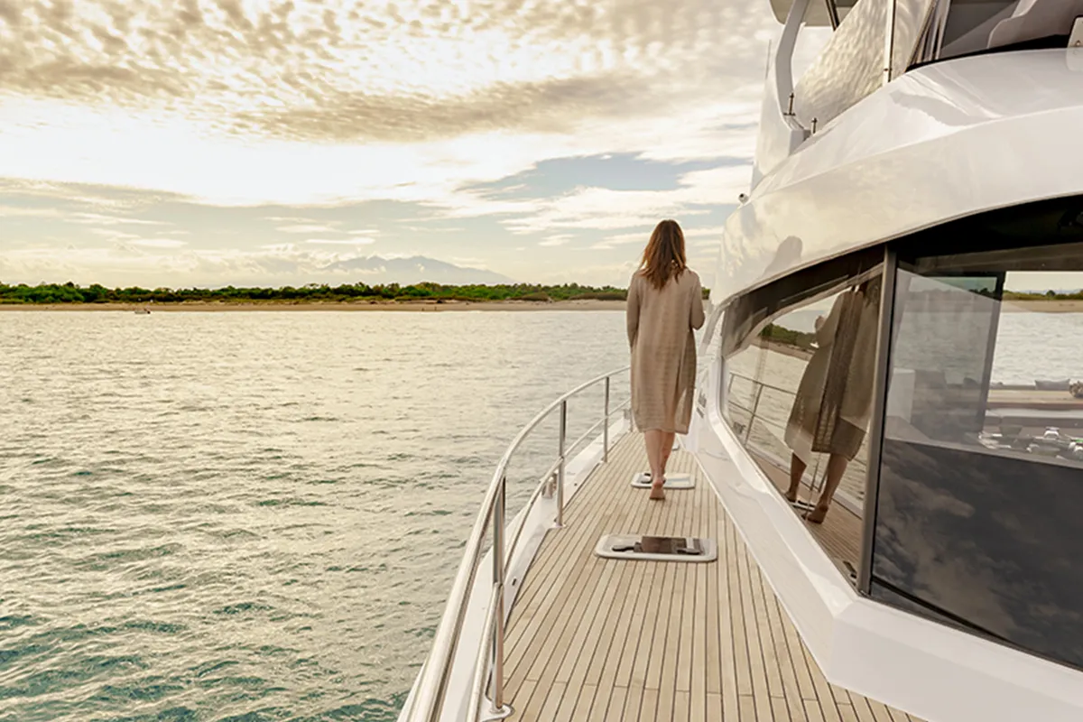 Deck of Premium, a Gulet x-reuse catamaran at Cogolin, France