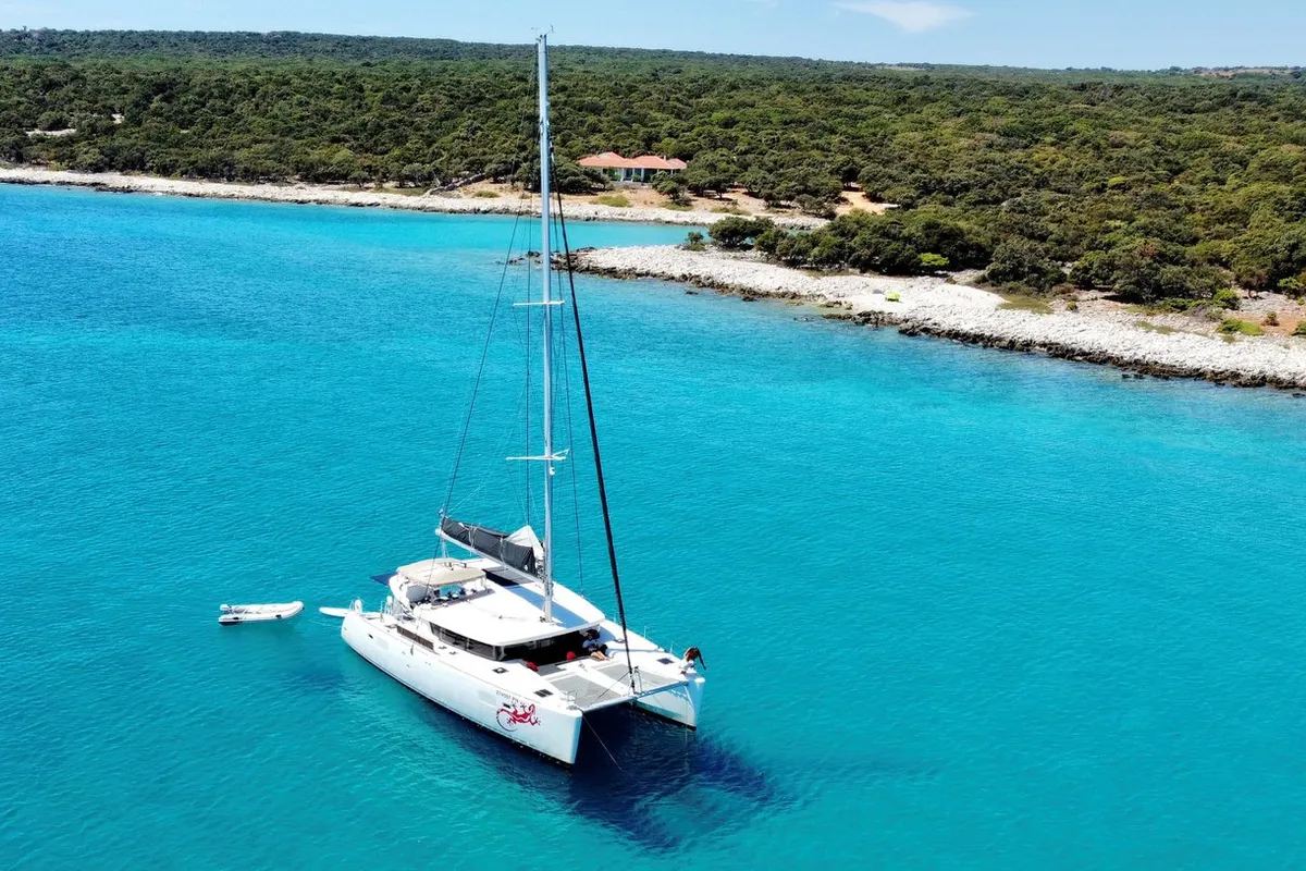 Exterior view of Gecko, a Lagoon 450 S catamaran at Punat, Croatia
