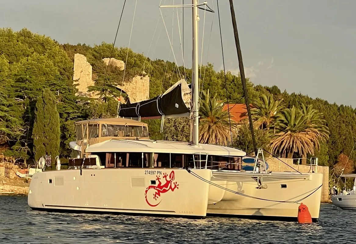 Exterior view of Gecko, a Lagoon 450 S catamaran at Punat, Croatia
