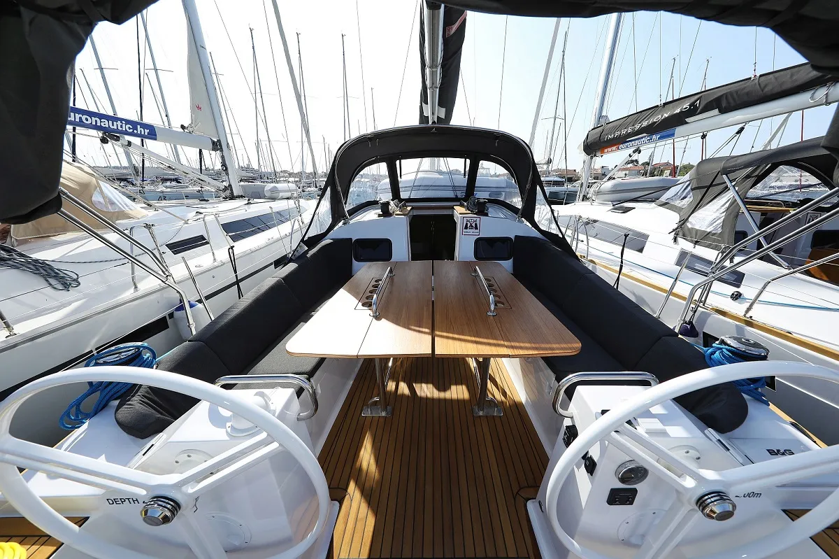 Deck of Urshy, a Elan Impression 45.1 sailboat at Grad Biograd na Moru, Croatia