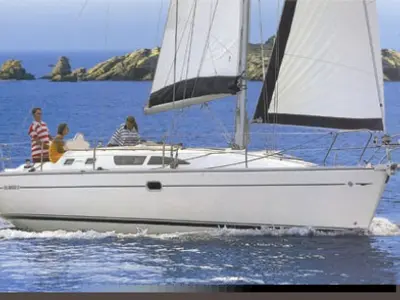 Exterior view of Naias, a Jeanneau Sun Odyssey 37 sailboat at Athens, Greece