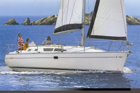 Exterior view of Naias, a Jeanneau Sun Odyssey 37 sailboat at Athens, Greece