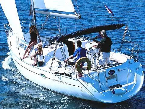 Exterior view of Naias, a Jeanneau Sun Odyssey 37 sailboat at Athens, Greece