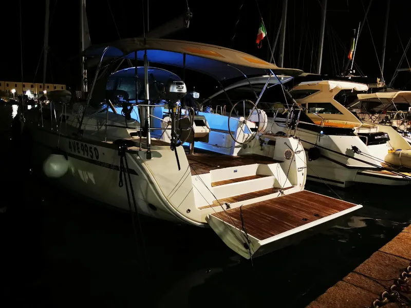 Exterior view of Krizia, a Bavaria Cruiser 46 sailboat at San Vincenzo, Italy