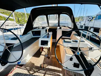 Cockpit of Alpha, a Dufour 360 GL sailboat at Primošten, Croatia