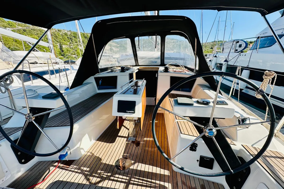 Cockpit of Alpha, a Dufour 360 GL sailboat at Primošten, Croatia