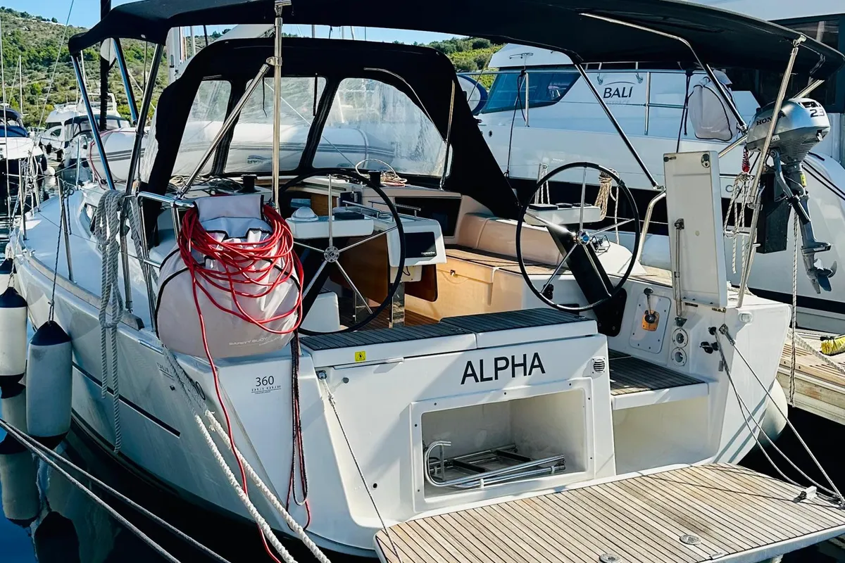 Exterior view of Alpha, a Dufour 360 GL sailboat at Primošten, Croatia