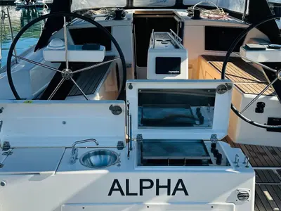 Deck of Alpha, a Dufour 360 GL sailboat at Primošten, Croatia