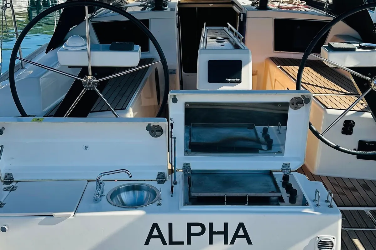 Deck of Alpha, a Dufour 360 GL sailboat at Primošten, Croatia